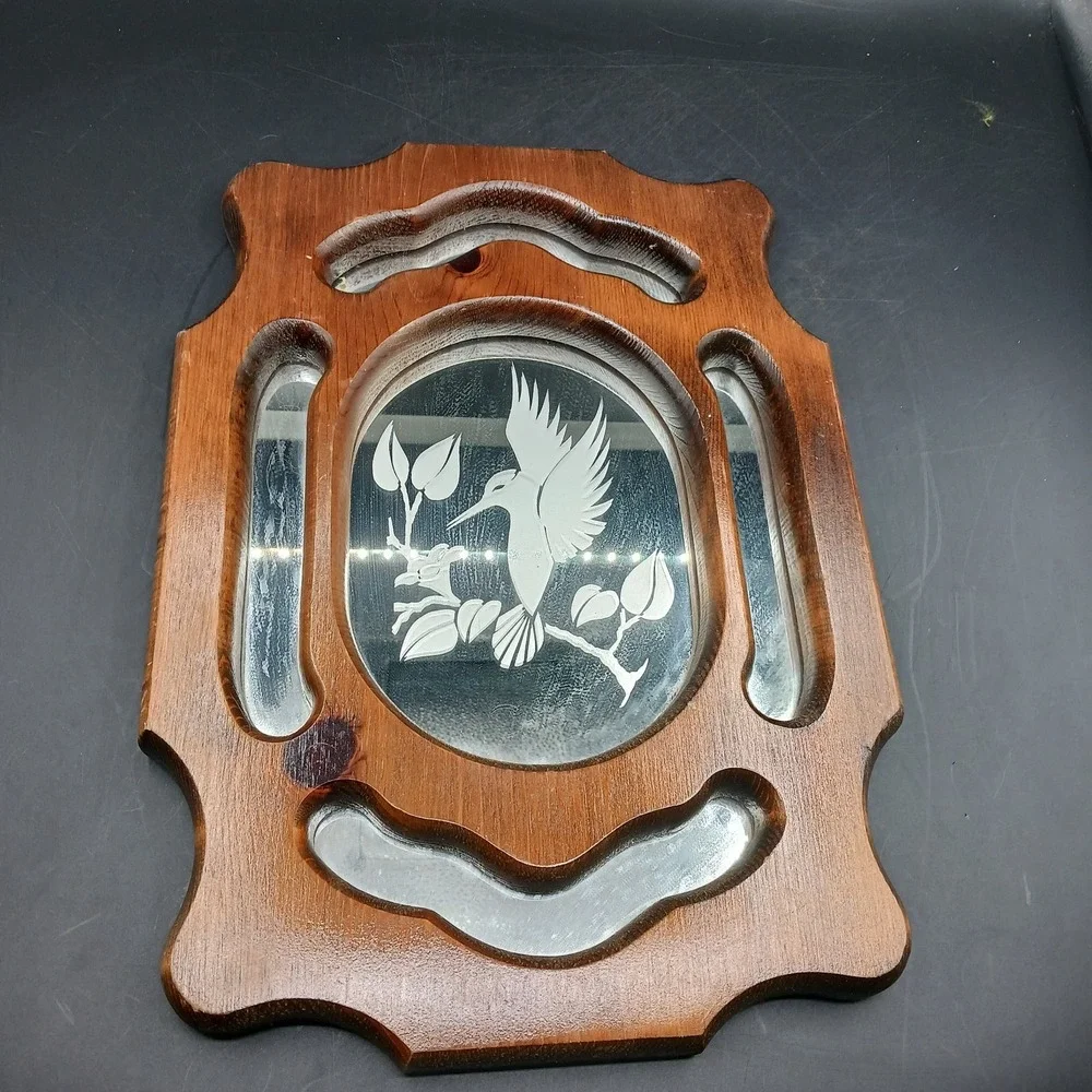 Vintage Wood mirror wall art acid etched w hummingbird & trumpet vine 15x11x1